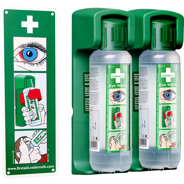 Properties:  Two 500ml eye wash bottles are fixed on a wall in a bracket.  The HSE-recommended 1 litre of eye wash is provided.  When the bottle is wrenched out of the wall bracket, it automatically opens, making eye wash readily available.  Been sho