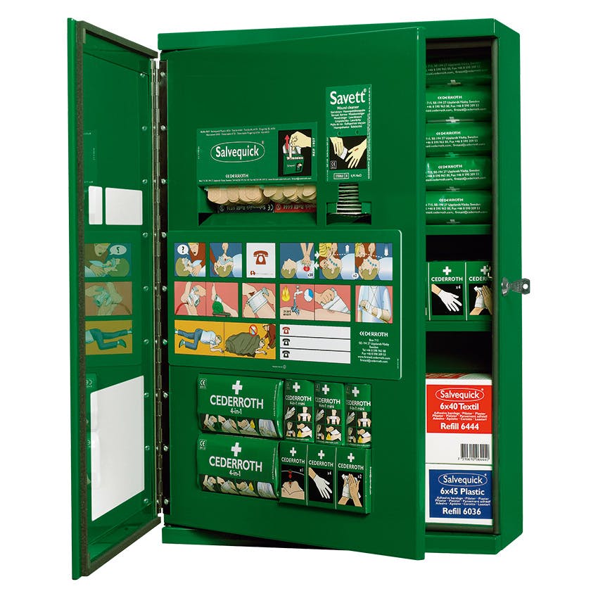 CEDERROTH FIRST AID BOX DOUBLE DOOR STOCKED CABINET