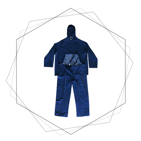 Dark Blue Rain Suit attached hood with draw string and stoppers.