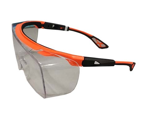  TF377 Orange Frame Orange & Black Temple Clear Lens Safety Spectacles, Anti fog
