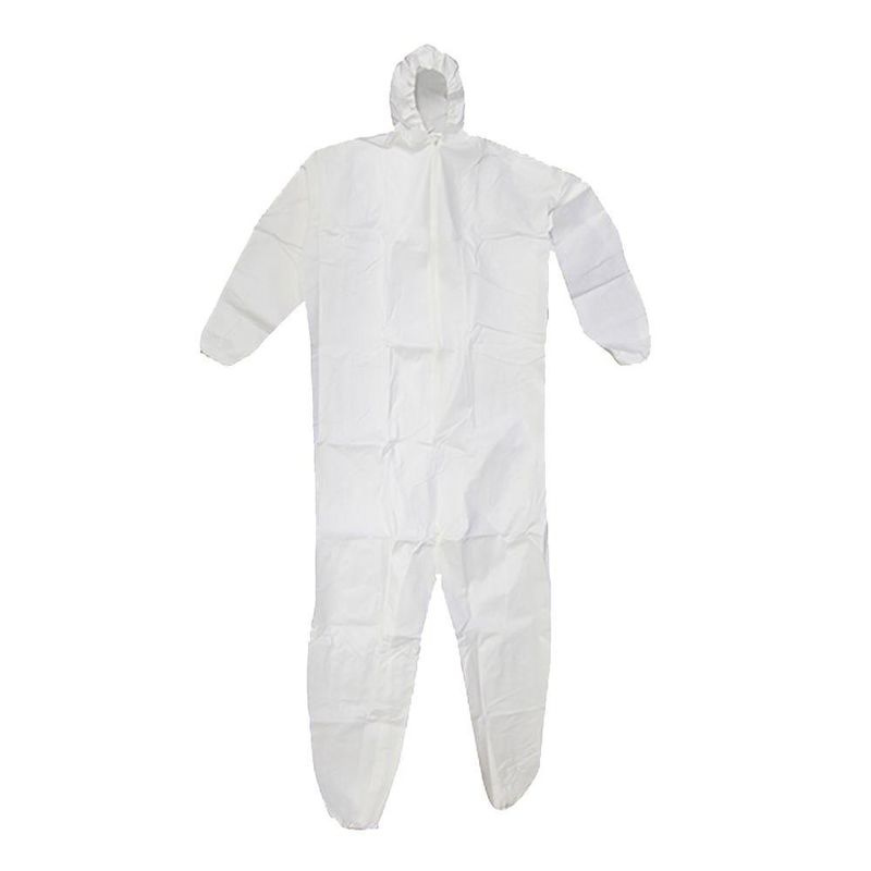  White PP Non-Woven Coverall with hood and zipper.